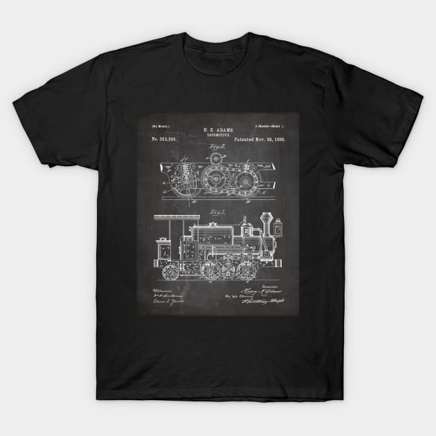 Steam Train Patent - Steam Locomotive Art - Black Chalkboard T-Shirt by patentpress